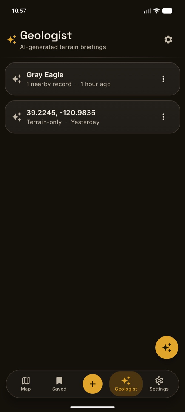 Android Geologist library showing two illustrative saved briefing entries.