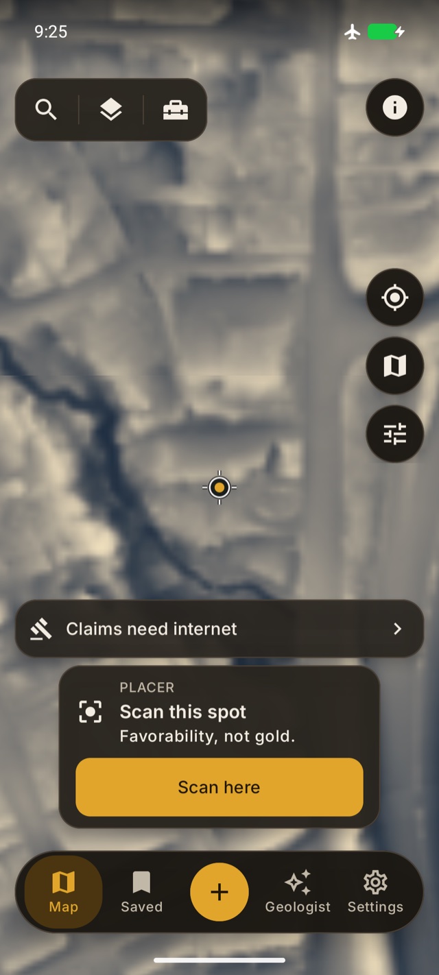Local Relief on Android, with the map controls and the reminder Favorability, not gold.