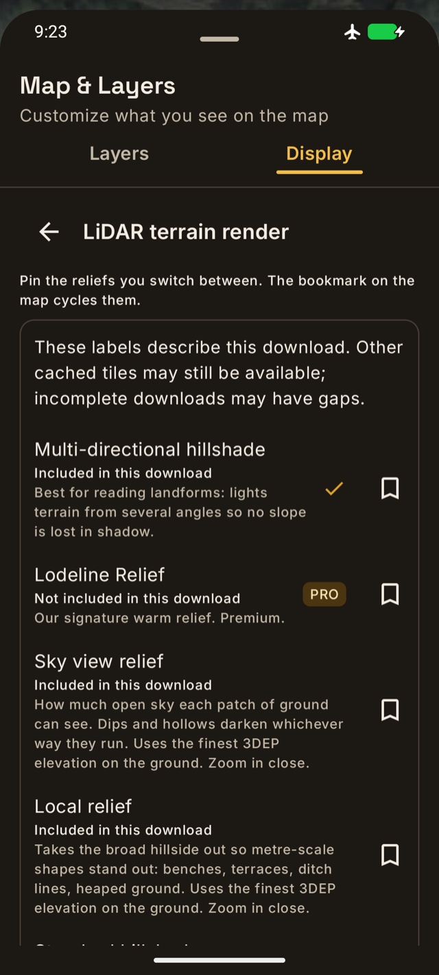 Android LiDAR render list showing Sky View and Local Relief included in a saved download.