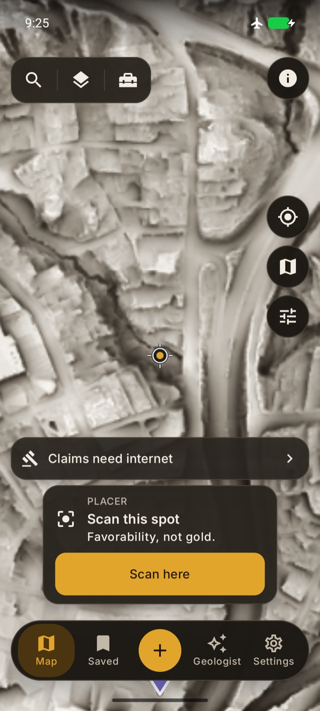 Sky View terrain displayed from an Android offline map while airplane mode is enabled.