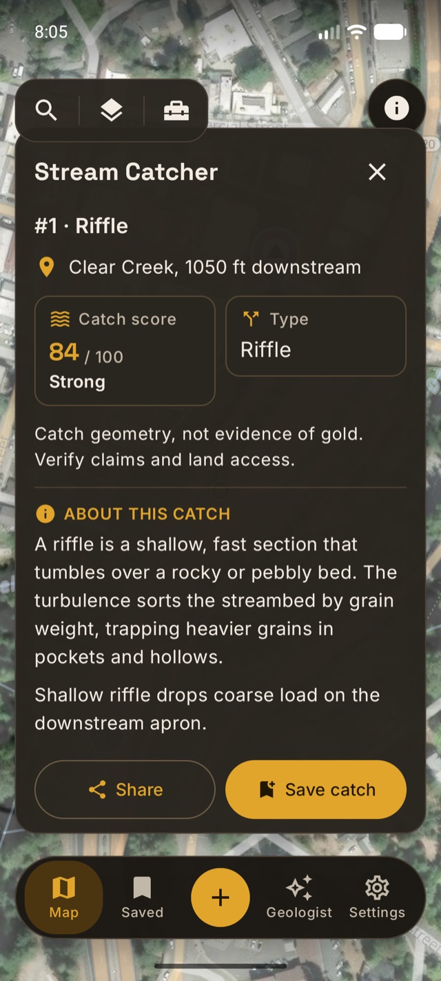 Android Stream Catcher example with catch geometry, an explanation and Save and Share actions.